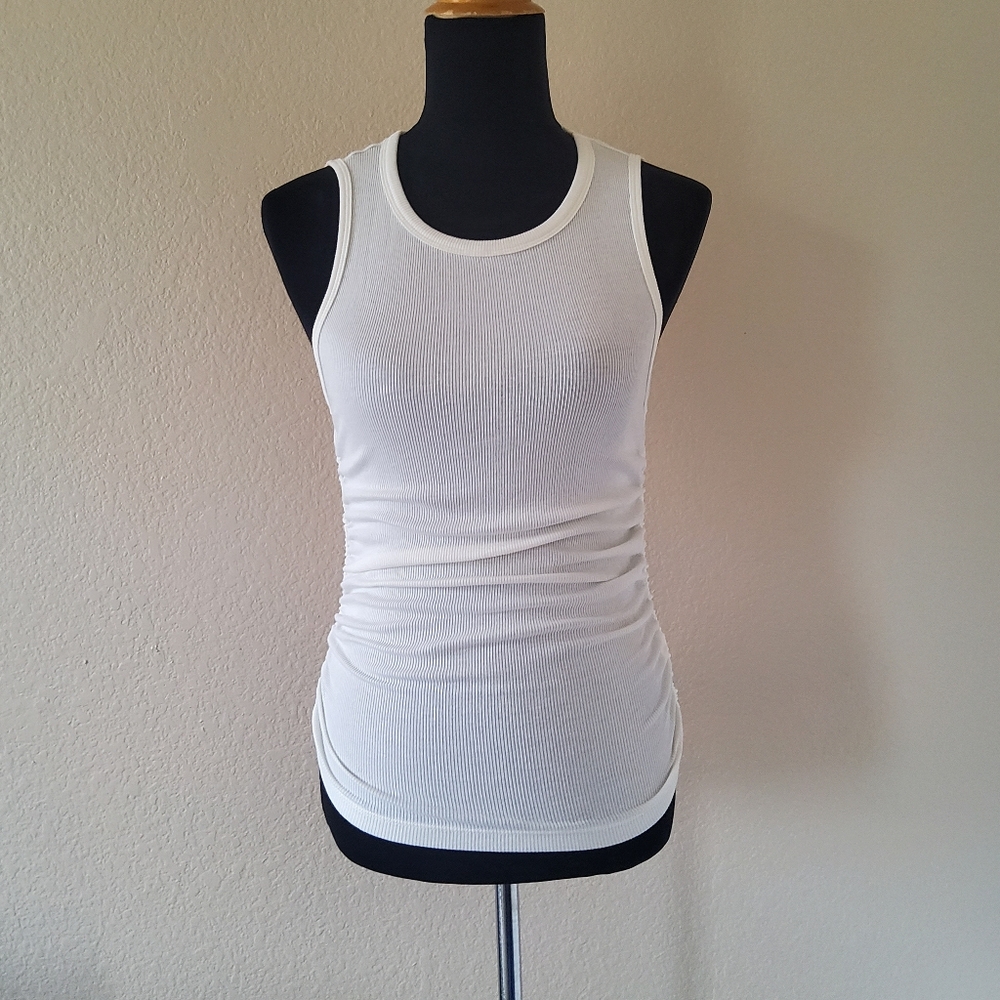 BOBI Heather White Ribbed Ruched Side Tank Top Size S